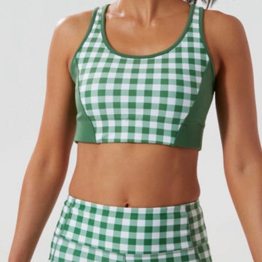 tuckernuck green gingham trellis sports bra, women size small